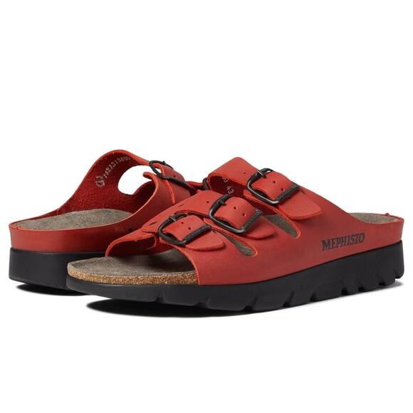 Mephisto Mens Zach Leather Triple Strap Slide Sandal - Red Scratch NEW